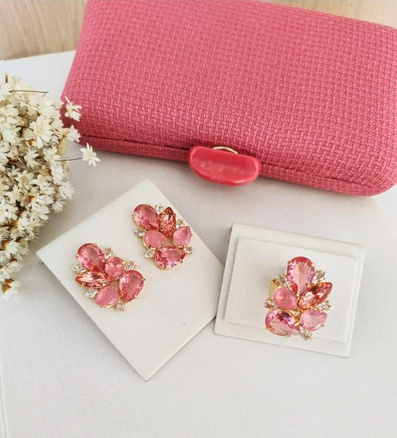 Kit Clutch, Brinco e Anel Regulável de Zircônia Rose Aline