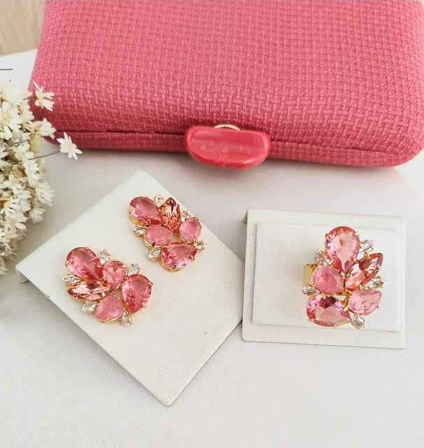 Kit Clutch, Brinco e Anel Regulável de Zircônia Rose Aline
