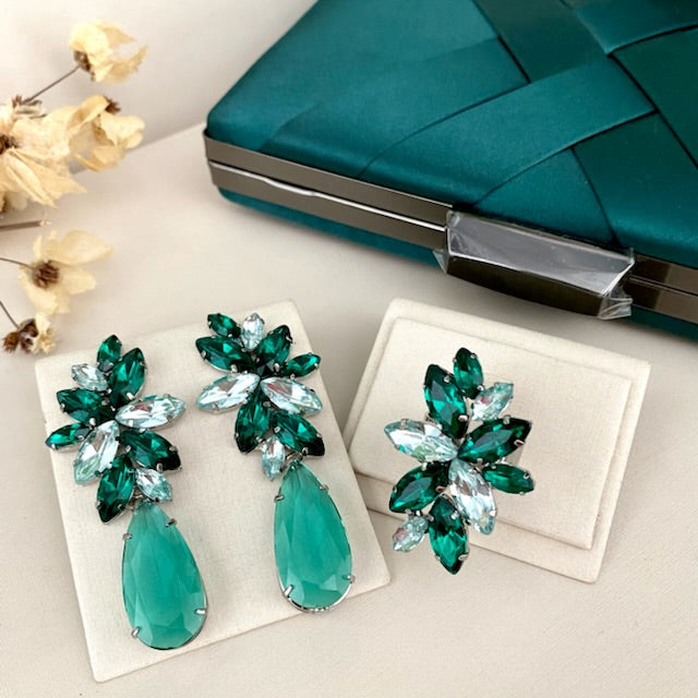 Kit Clutch, Brinco e Anel Regulável Londres Tons de Verde Prata