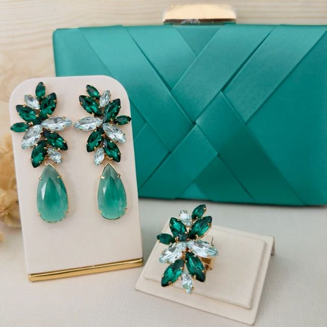Kit Clutch, Brinco e Anel Regulável Londres Tons de Verde Dourado
