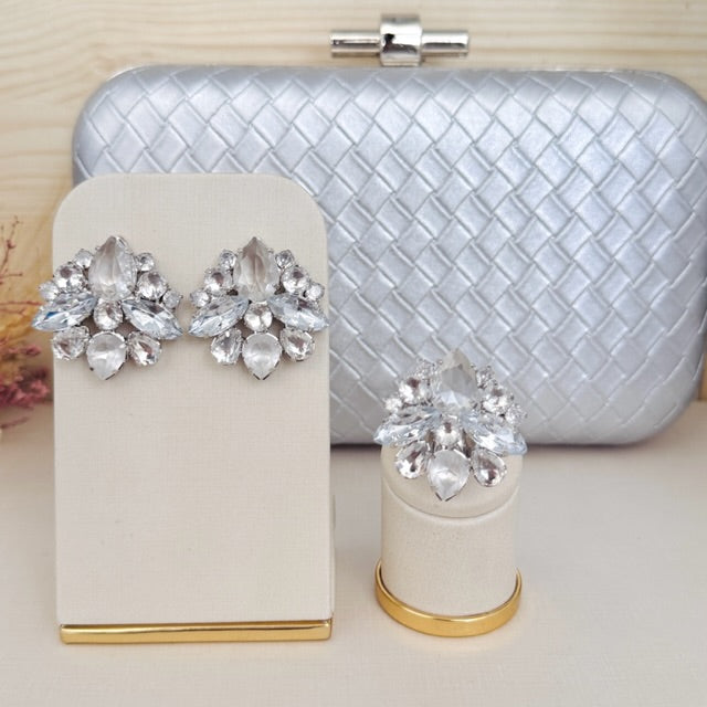 Kit Clutch, Brinco e Anel Regulável Manhattan de Zircônia Cristal Prata