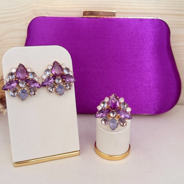 Kit Clutch, Brinco e Anel Regulável Manhattan de Zircônia Tons de Roxo Dourado
