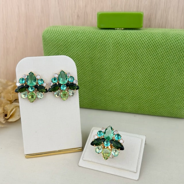 Kit Clutch, Brinco e Anel Regulável Manhattan Tons de Verde Dourado