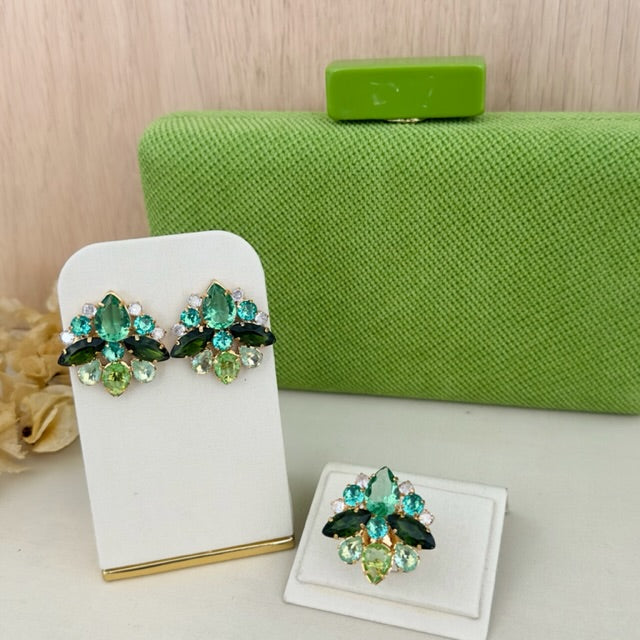 Kit Clutch, Brinco e Anel Regulável Manhattan Tons de Verde Dourado