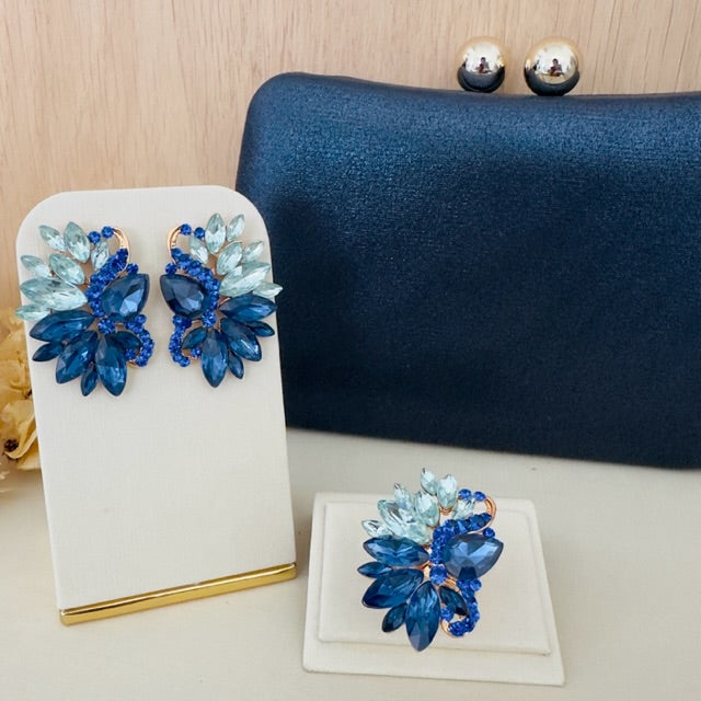 Kit Clutch, Brinco e Anel Regulável Mello Tons de Azul Dourado