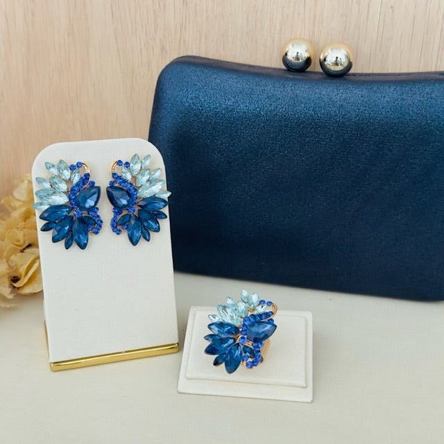 Kit Clutch, Brinco e Anel Regulável Mello Tons de Azul Dourado