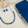 Kit Clutch, Brinco e Colar de Zircônia Gota Safira Prata