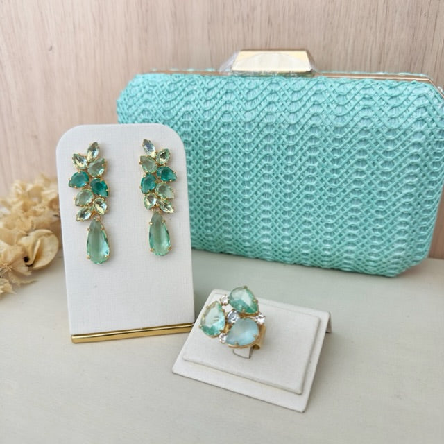 Kit Clutch, Brinco Tallula e Anel Regulável de Zircônia Tons de Menta Dourado