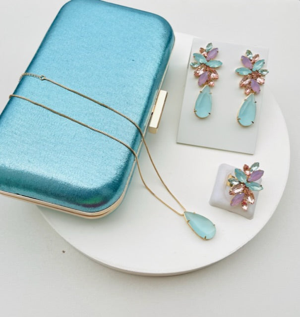 Kit Clutch, Brinco Colar e Anel Regulável Londres Collor Dourado