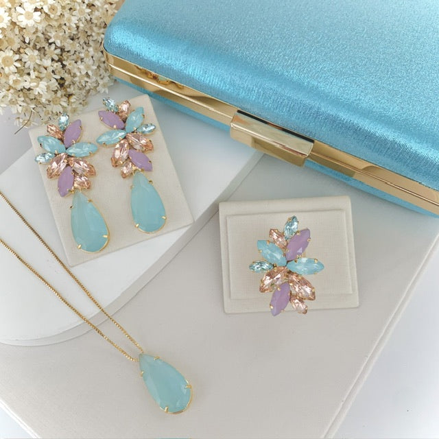 Kit Clutch, Brinco Colar e Anel Regulável Londres Collor Dourado