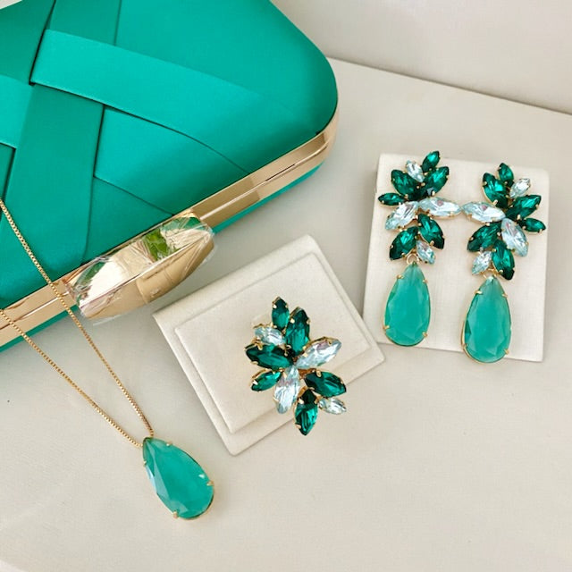 Kit Clutch, Brinco, Colar e Anel Regulável Londres Tons de Verde Dourado