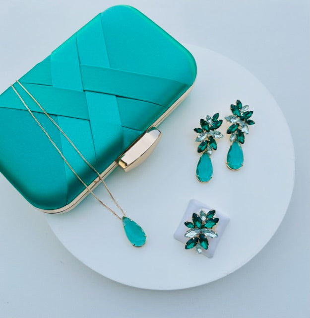 Kit Clutch, Brinco, Colar e Anel Regulável Londres Tons de Verde Dourado