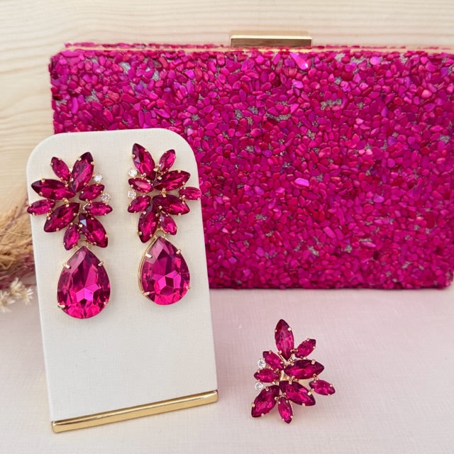 Kit Clutch de Pedraria, Brinco e Anel Regulável Scarlat Rosa Pink Dourado