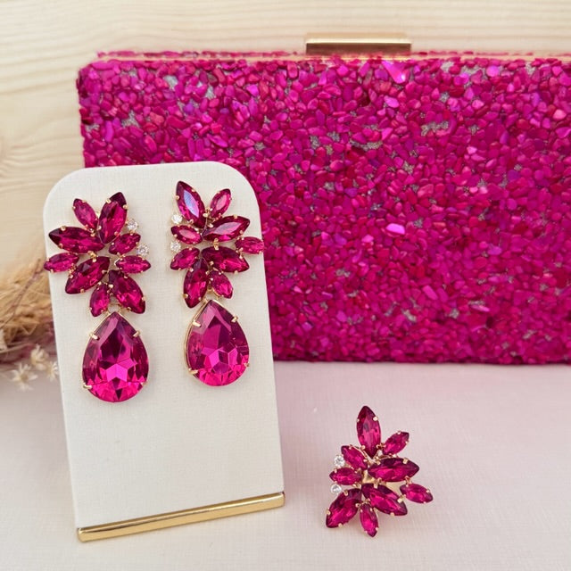 Kit Clutch de Pedraria, Brinco e Anel Regulável Scarlat Rosa Pink Dourado