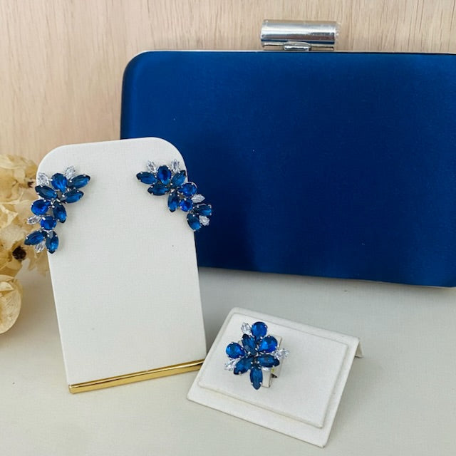 Kit Clutch, Ear Kuff e Anel Regulável Lidy de Zircônia Azul Safira Prata