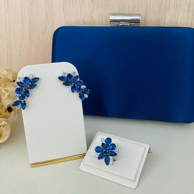 Kit Clutch, Ear Kuff e Anel Regulável Lidy de Zircônia Azul Safira Prata