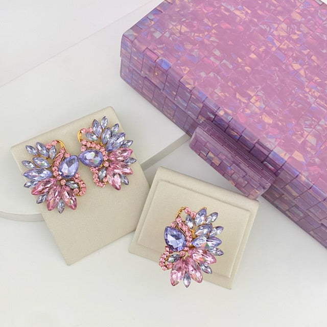 Kit Clutch Madrepérola , Brinco e Anel Regulável Mello de Pedraria Rosa com Lilás Dourado