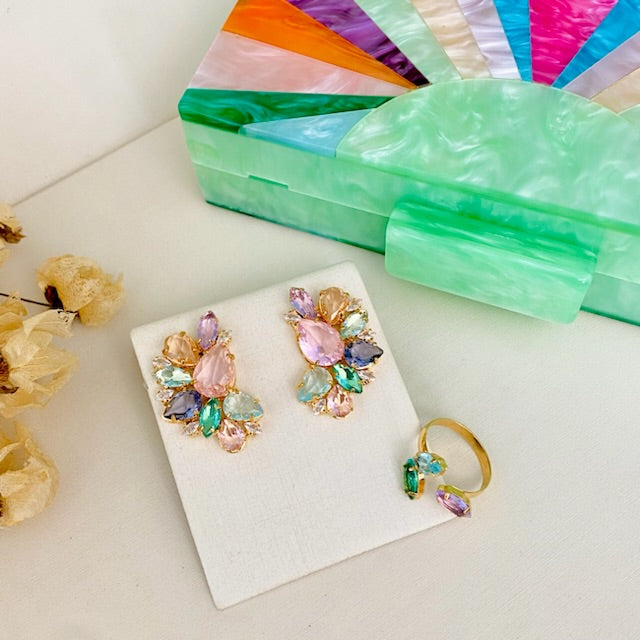 Kit Clutch Madrepérola Collor, Brinco e Anel Regulável de Zircônia Malu Dourado