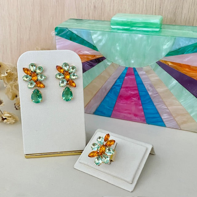 Kit Clutch Madrepérola Menta Collor, Brinco e Anel Regulável Sotto Menta com Coral Dourado