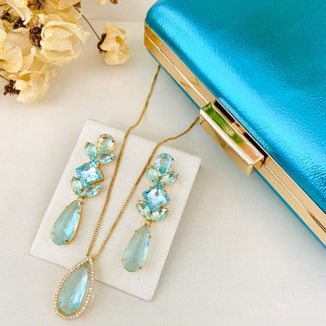 Kit Clutch Metalizada, Brinco e Colar Talles Azul Serenity de Zircônia Dourado