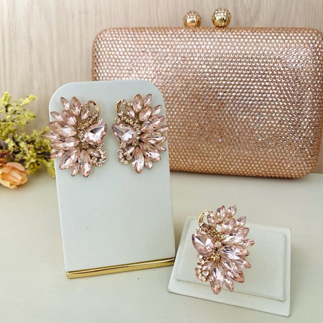 Kit Clutch Pedrinhas, Brinco e Anel Regulável Mello Rose Nude Dourado