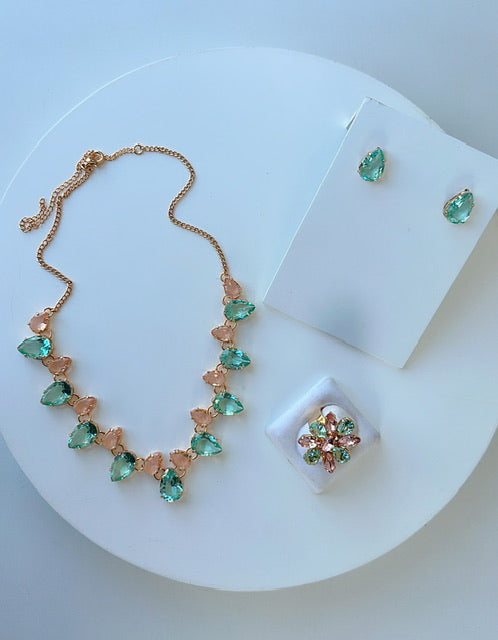 Kit Colar + brinco + anel Mirian verde com nude