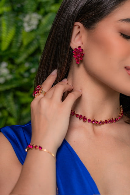 Kit Colar, Brinco, Anel Regulável e Pulseira Rosa Pink Moana