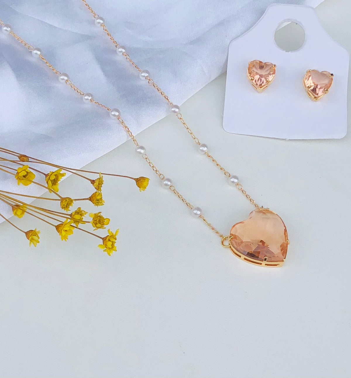 Kit colar + Brinco Coração de Zircônia com Pérola Lais