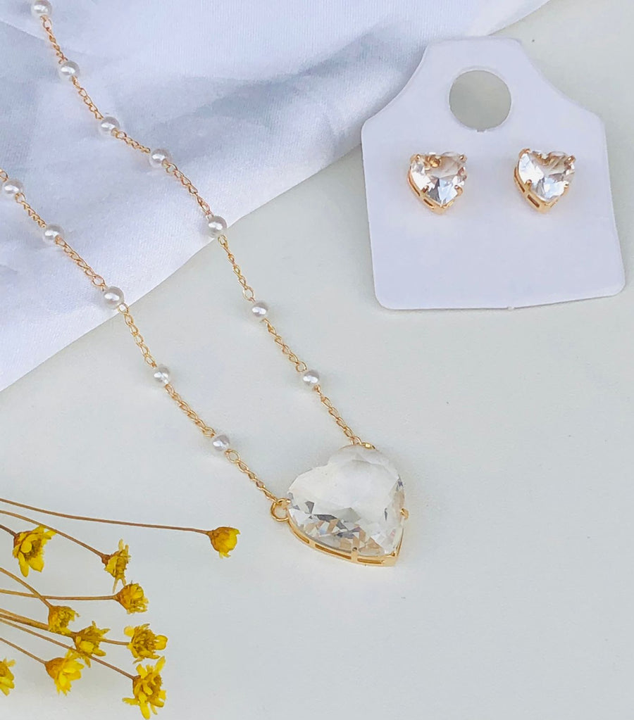 Kit colar + Brinco Coração de Zircônia com Pérola Lais