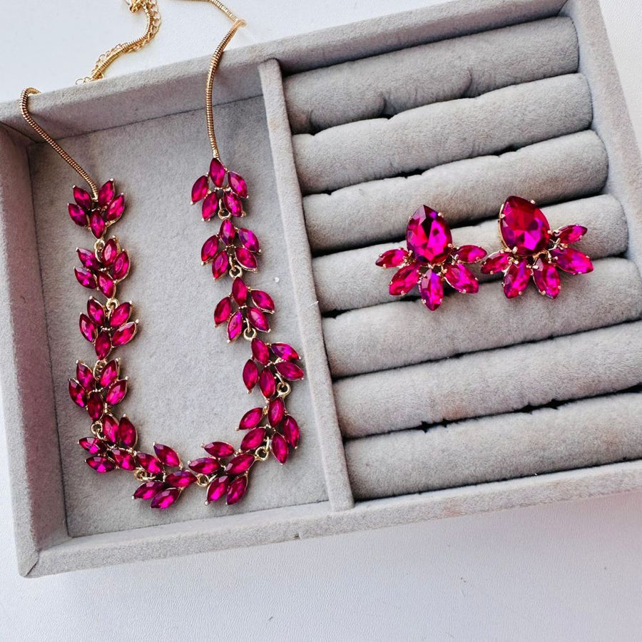Kit Colar + Brinco de Pedraria Match Rosa Pink