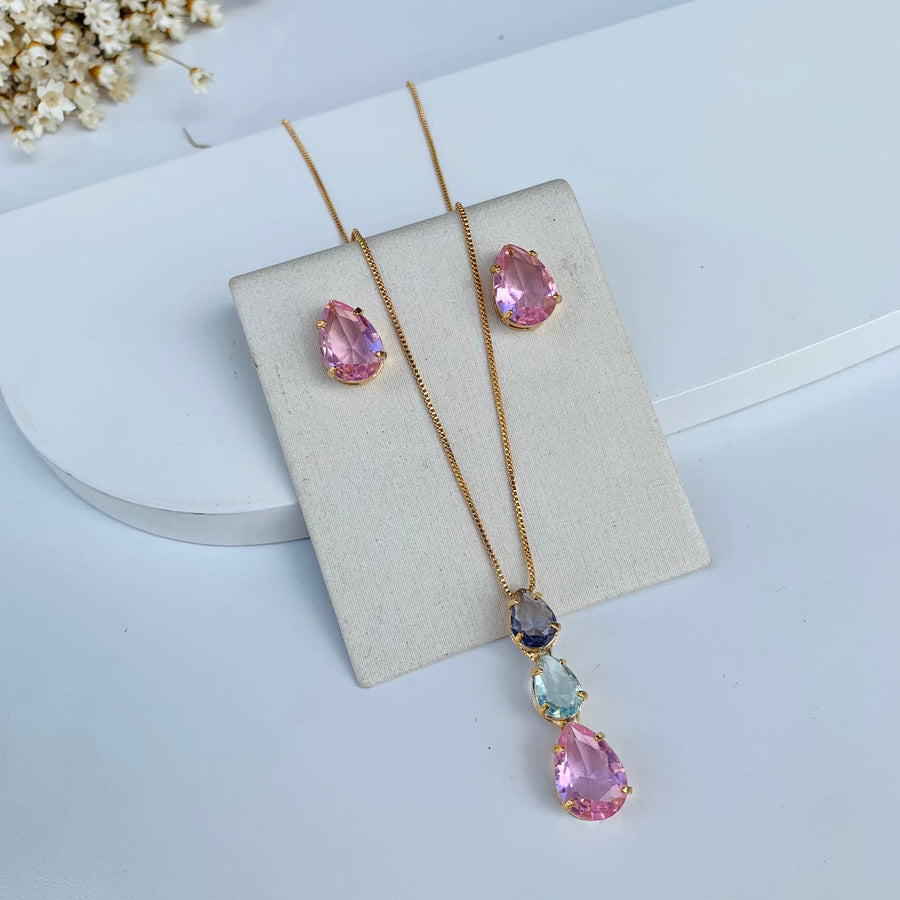 Kit Colar e Brinco de Zircônia Deinha Collor Dourado