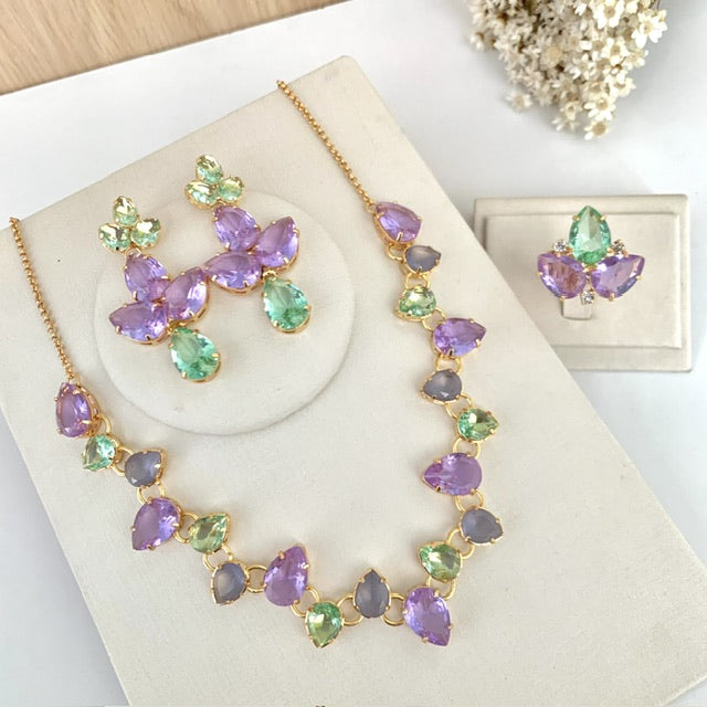 Kit Colar, Brinco e Anel Regulável de Zircônia Íris Menta com Lavanda