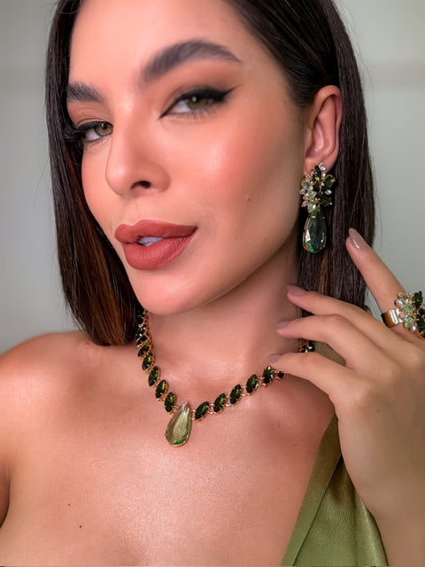 Kit Colar, Brinco e Anel Regulável Menta com Oliva Vanessa