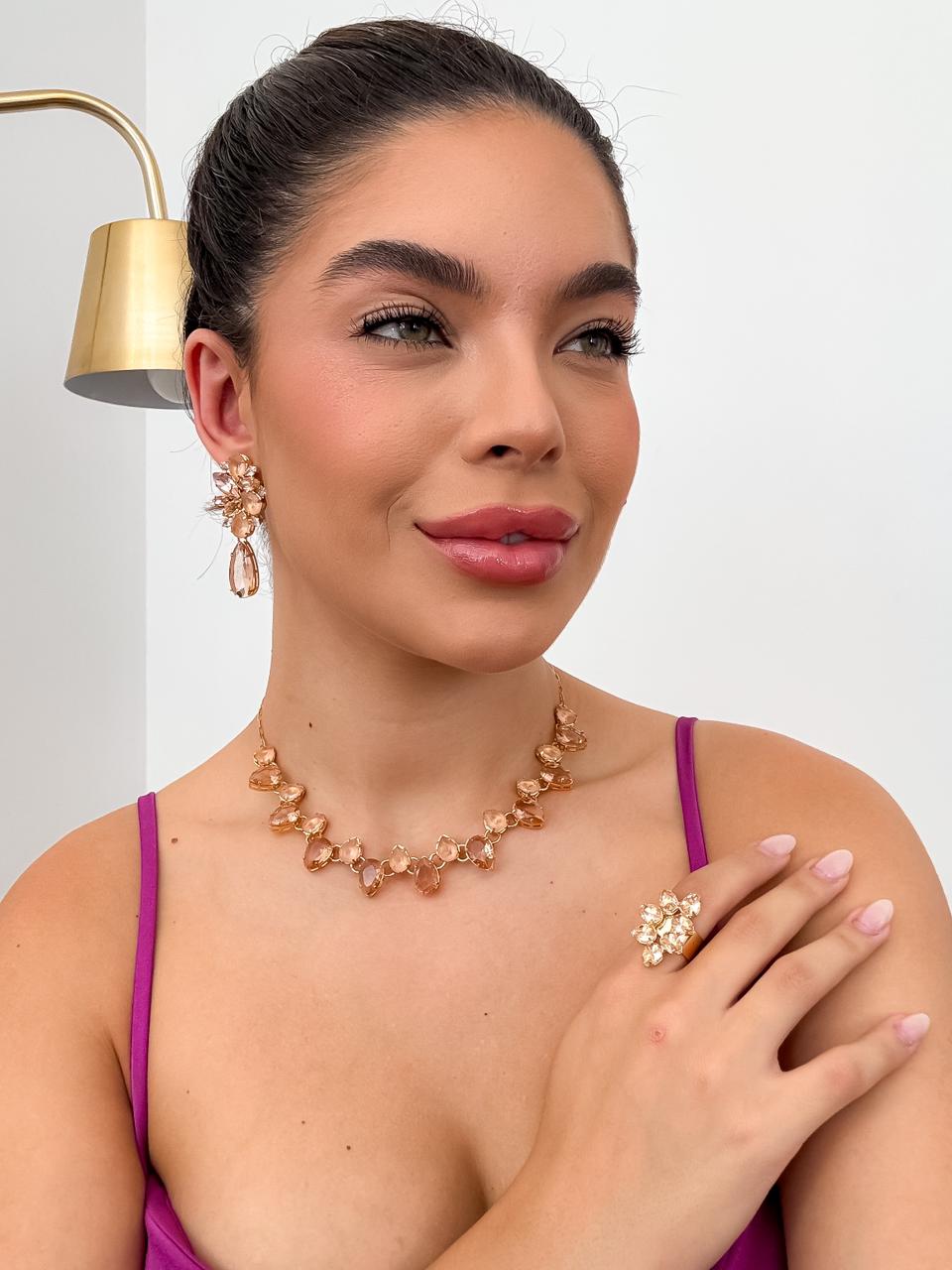 Kit Colar, Brinco e Anel Regulável Nude Liah de Zircônia