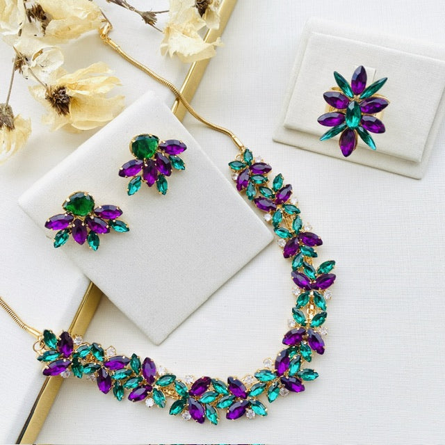 Kit Colar, Brinco e Anel Regulável Jessy Verde com Roxo