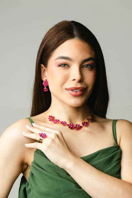 KIT COLAR, BRINCO E ANEL REGULÁVEL MIDTOWN ROSA PINK DOURADO