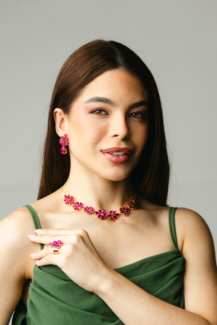 KIT COLAR, BRINCO E ANEL REGULÁVEL MIDTOWN ROSA PINK DOURADO