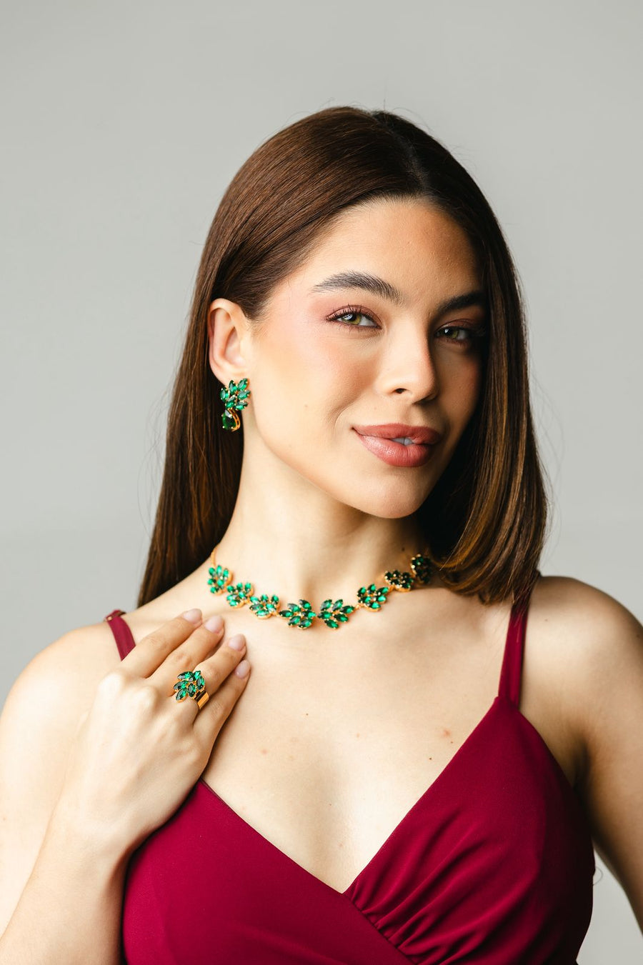 Kit Colar, Brinco e Anel Regulável Midtown Verde Esmeralda Dourado