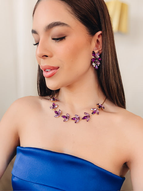 Kit Colar, Brinco e Anel Regulável Navete Tons de Roxo Dourado Marcela