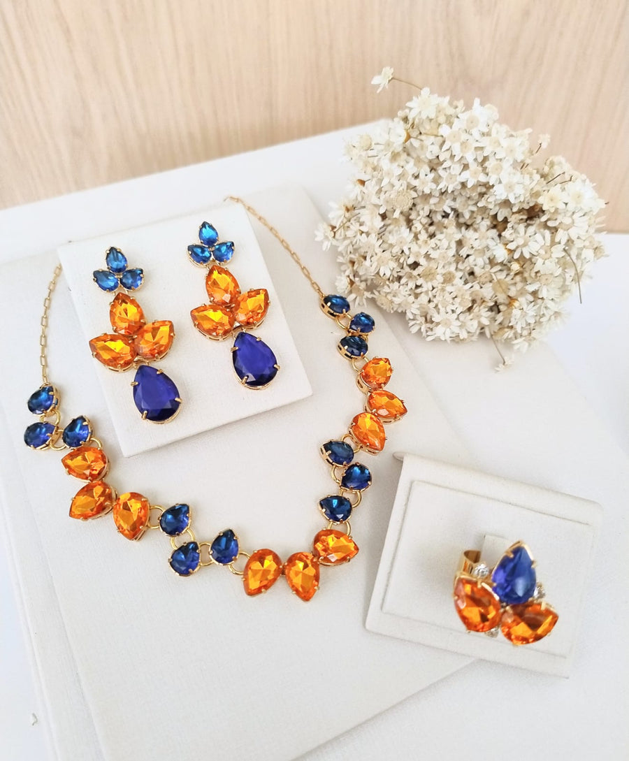 Kit Colar, Brinco e Anel Safira com Coral Fenix
