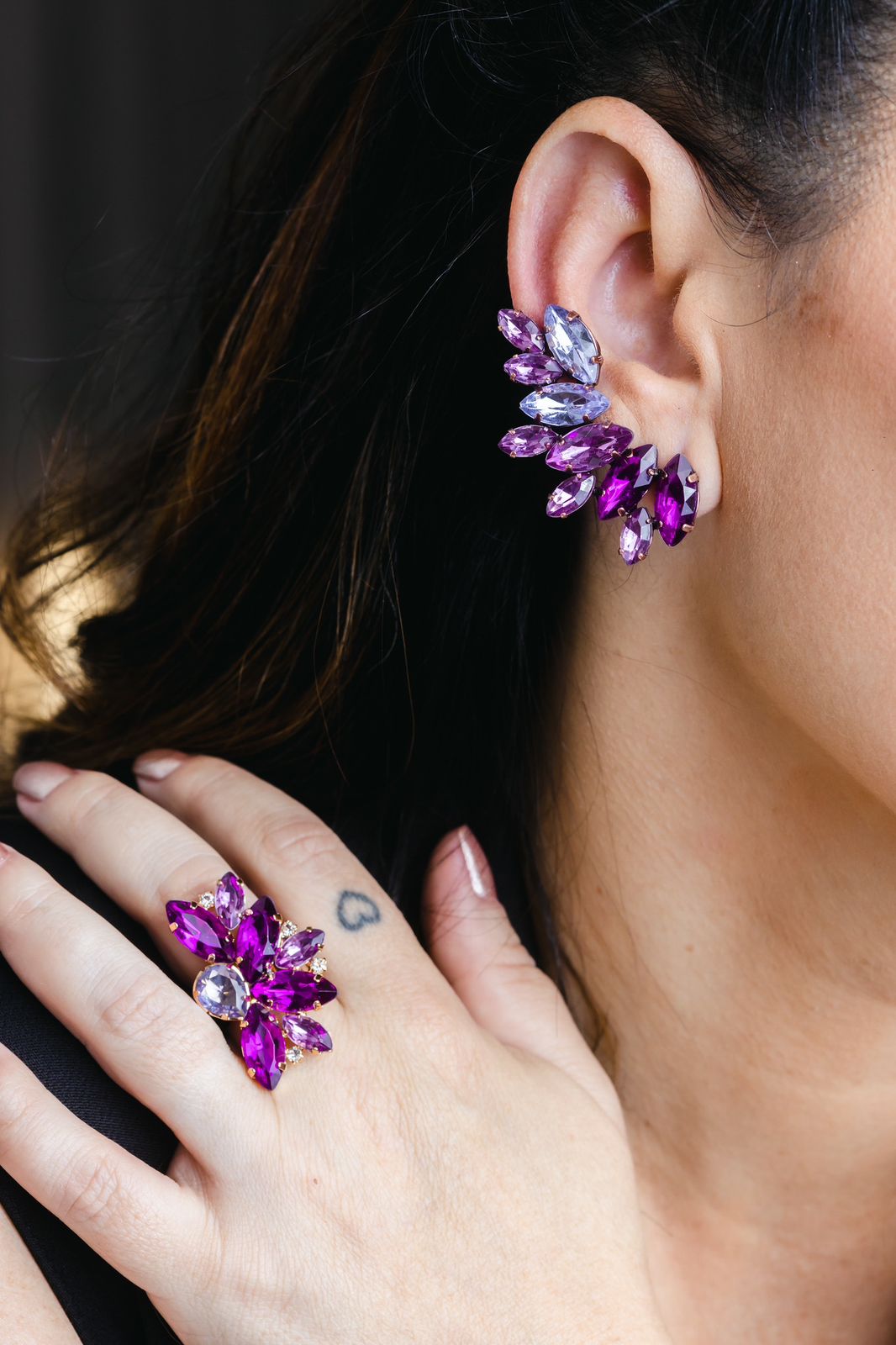 Kit Ear Kurf e Anel Regulável Tons de Roxo Heyle Dourado