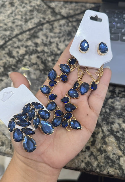 Kit colar com Brinco Azul safira banho de Ouro
