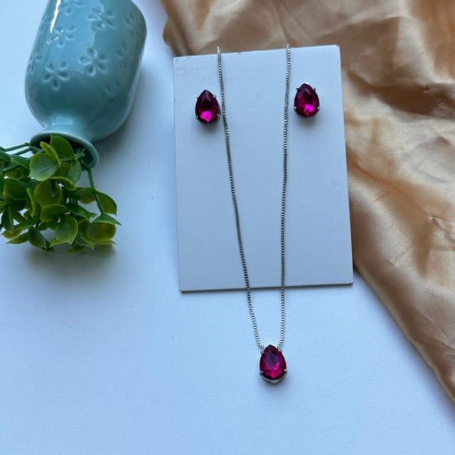 Kit Colar com Brinco Rosa Pink PRATA