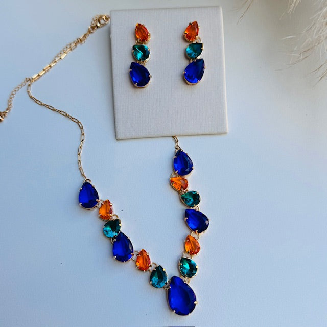 Kit Colar com Brinco Safira, Coral e Verde Vera em Zircônia