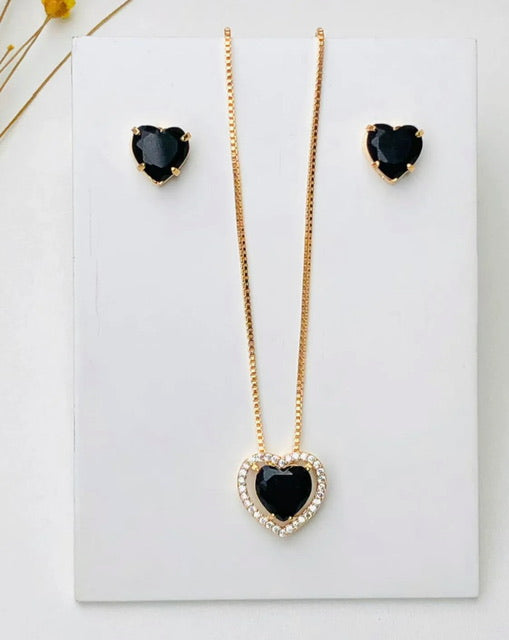 Kit Colar e Brinco Aline Coração PRETO DOURADO