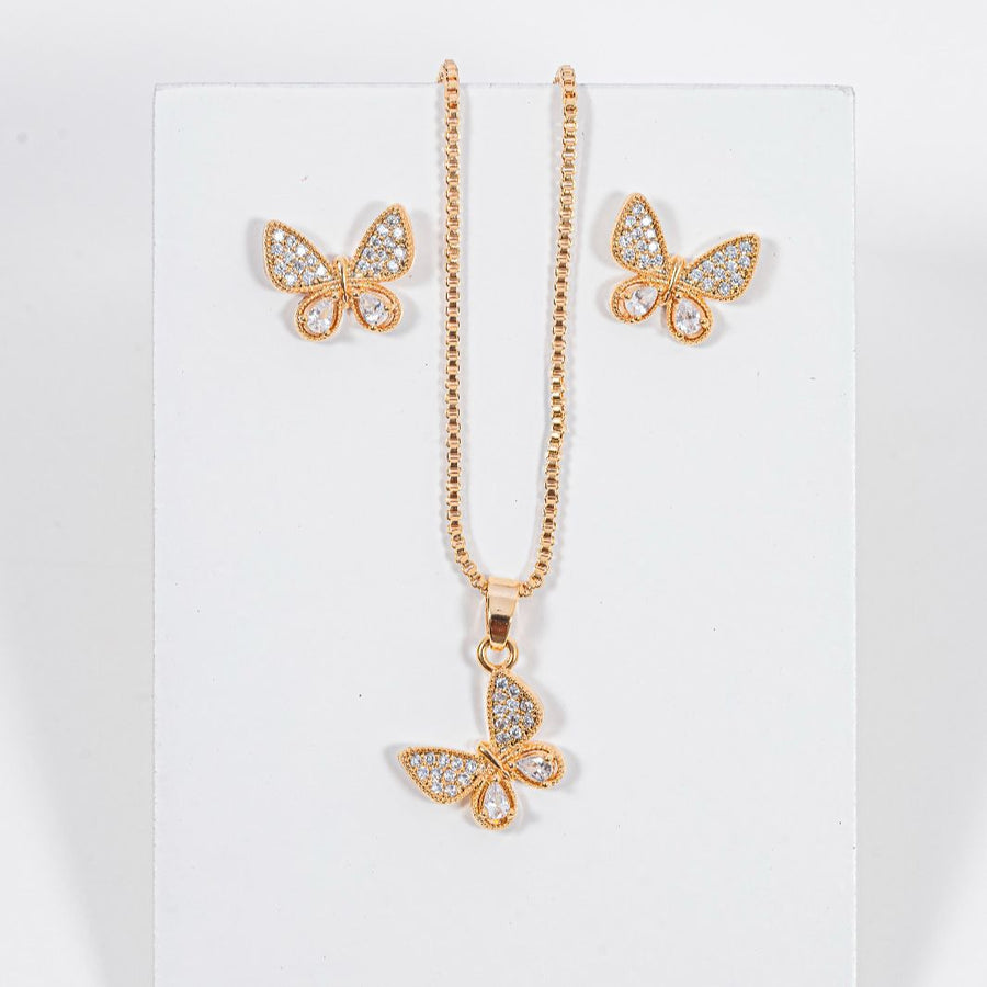 kit Colar e Brinco Borboleta de Zircônia Banho de Ouro 18k