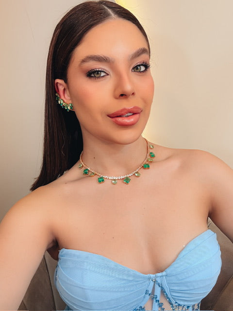 Kit Colar e Brinco Celine Tons de Verde em Zircônia