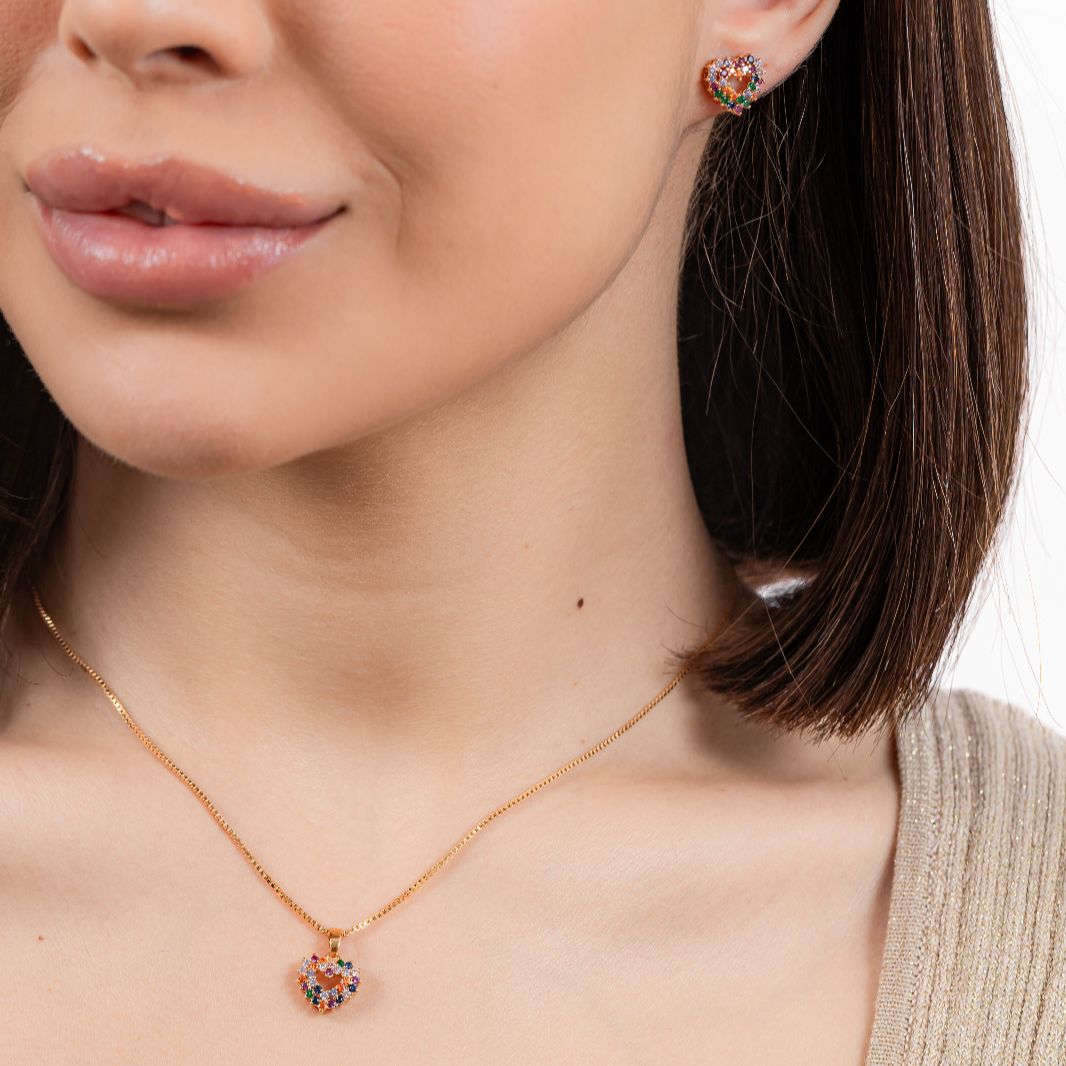 kit Colar e Brinco Coração Collor de Zircônia Mileny Banho de Ouro 18k