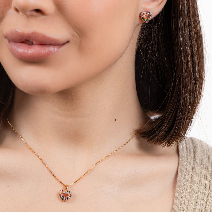 kit Colar e Brinco Coração Collor de Zircônia Mileny Banho de Ouro 18k