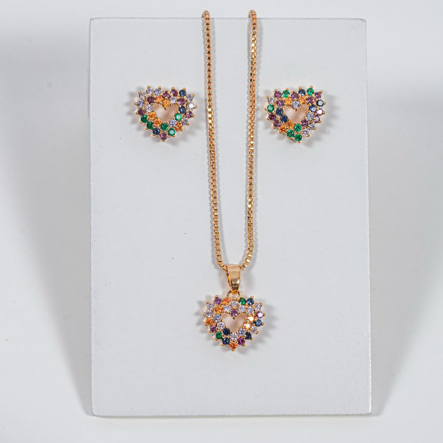 kit Colar e Brinco Coração Collor de Zircônia Mileny Banho de Ouro 18k